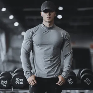 Mens long sleeve athletic fitness workout shirt solid color quick dry stretchy base layer top detail view