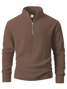 Heren Bruine Kwart Rits Fleece Trui Met Opstaande Kraag Casual En Comfortabel Model
