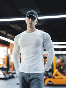 Men's Slim Fit Long Sleeve T-Shirt Polyester Ribbed Waffle Knit Henley Round Neck Solid Color Sport Fitness Casual Top