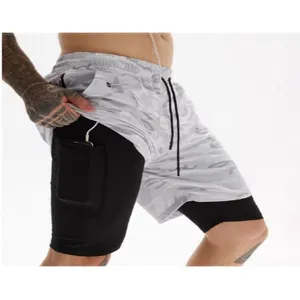 Short de course 2-en-1 pour homme, séchage rapide, motif camouflage et poche intégrée.