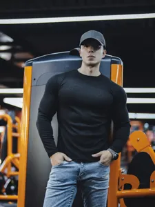 Men's long sleeve slim fit ribbed crew neck t-shirt for fitness gym workout sports athletic wear.