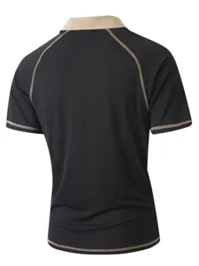 Men's short sleeve contrast polo shirt with lapel and stitching details, casual summer wear.