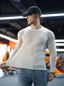 Men's ribbed long sleeve crew neck T-shirt solid color casual gym sports athletic top for men.