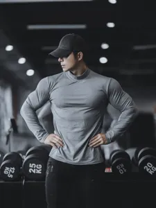 Men's solid color long sleeve athletic fitness t-shirt quick drying mock neck top for men