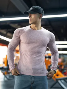 Men long sleeve crewneck t-shirt solid pink ribbed athletic fitness workout top for men.