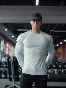 Men's long sleeve workout t-shirt solid color quick dry athletic gym fitness compression top