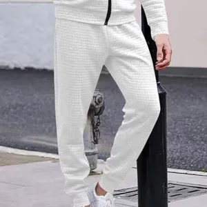 Men white textured waffle knit casual sweatpants and jacket set for autumn daily wear.