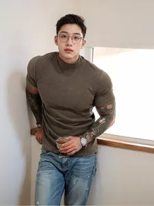 Men thermal mock neck short sleeve t-shirt, slim fit fitness workout athletic tee top