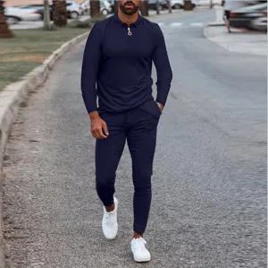 Men's casual autumn two-piece set long sleeve polo shirt and matching trousers detail view.