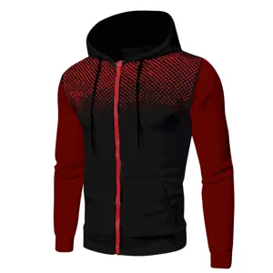 Men's contrast color zip up hoodie with red dotted pattern on chest, casual long sleeve sweatshirt.