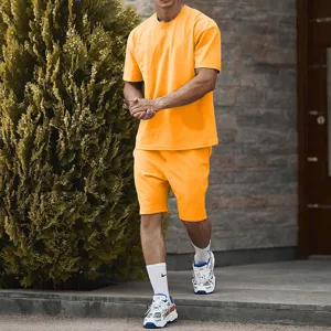Men casual solid color short sleeve T-shirt and shorts activewear suit detail view