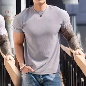 Men's summer heavy ribbed short sleeve T-shirt, solid color breathable quick dry fitness top.