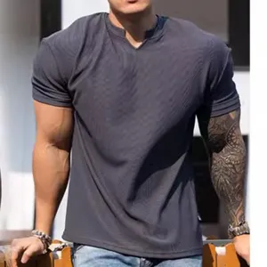 Men's summer short-sleeve dark grey V-neck t-shirt, athletic fit, textured casual top.