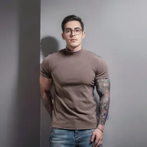 Detailed view of men's slim fit short sleeve mock neck t shirt showing fitted design.