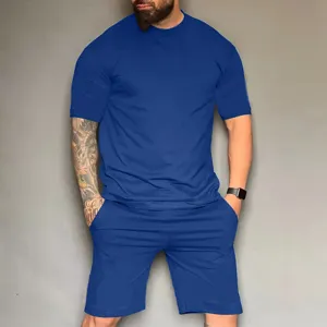 Blue men's short-sleeve t-shirt and shorts set detail view, casual summer outfit fabric.
