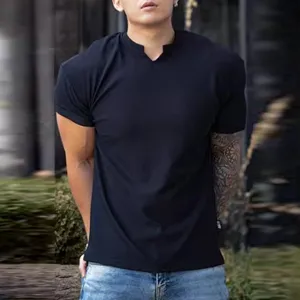Men's summer short sleeve V-neck slim fit casual solid color t-shirt for daily wear.
