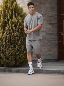 Men's Casual Sports Set Round Neck Short Sleeve T-Shirt And Solid Color Shorts Summer Breathable Top And Bottom For Men