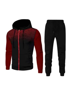 Men's athletic tracksuit set featuring a colorblock hooded zip jacket and matching sweatpants.