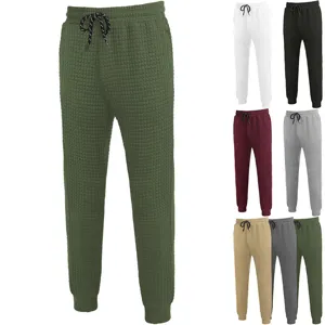 Men's casual pants waffle knit drawstring tapered trousers solid color autumn winter style