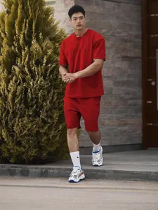 Mens casual sportswear set solid red round neck short sleeve t-shirt and shorts for men.