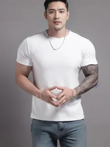 Men's casual white crew neck short sleeve t-shirt slim fit fitness sports athletic top breathable comfort