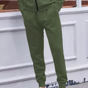 Men casual jogger pants olive green textured grid loose tapered trousers autumn winter daily wear