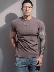 Men's slim fit crew neck short sleeve t-shirt ribbed gym fitness athletic casual top