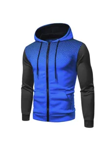 Men's casual zip-up hoodie with color block sleeves and gradient dot print design.