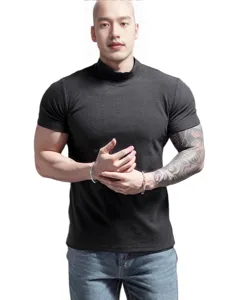 Men's Dark Gray Mock Neck Short Sleeve T-Shirt Slim Fit Athletic Workout Top
