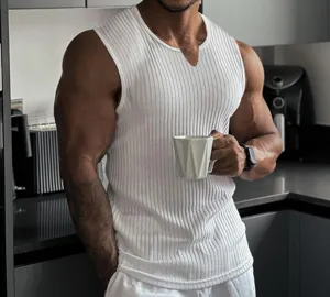 Men's white ribbed knit tank top, slim fit V-neck sleeveless shirt for summer sports gym.