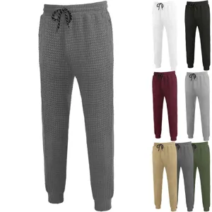 Men waffle knit casual sweatpants elastic waist drawstring tapered jogger trousers