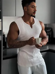 Men's Knitted Striped Tank Top V Neck Slim Fit Breathable Polyester Sport Vest Top Summer Sleeveless Undershirt For Gym Daily
