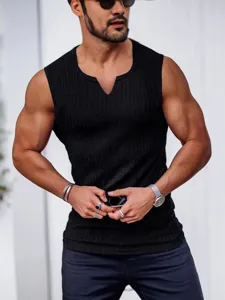 Men's summer knitted slim fit casual vertical striped V-neck sleeveless tank top