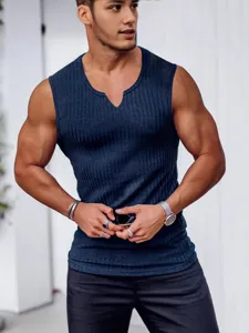 Men's V-neck knitted ribbed slim fit casual tank top summer sleeveless athletic shirt