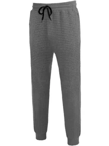 Men grey waffle knit casual sweatpants with elastic drawstring waist and cuffed ankles warm