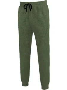 Men's green waffle knit casual joggers with drawstring waist and cuffed ankles for autumn.