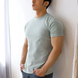 Gedetailleerd overzicht van effen heren slim fit korte mouw t-shirt pasvorm en stof.