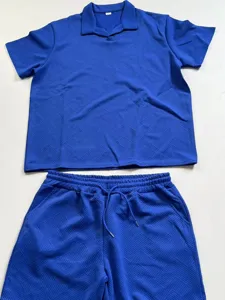 Nahaufnahme Detail des blauen strukturierten Kurzarm-Poloshirts und Freizeithosen Sommerset.