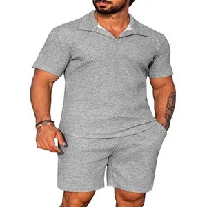 Herren Sommer Kurzarm Polohemd und Shorts Set graues Freizeit Zweiteiler Outfit Herren