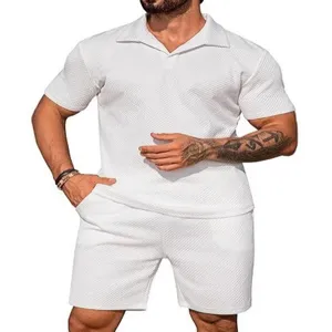 Herren Sommer Freizeit Trainingsanzug Kurzarm Polohemd und Shorts zweiteilig weiß.