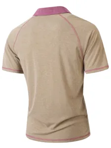 Men's short sleeve polo shirt casual khaki top with pink contrast stitching and lapel collar