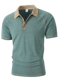 Men's short sleeve polo shirt casual contrast collar slim fit summer top detail view