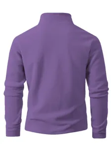 Heren fleece opstaande kraag halve rits sweatshirt detail achterkant in effen paars.