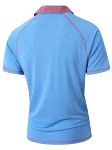 Men's short sleeve polo shirt detail back view, casual lapel design with contrast stitching.