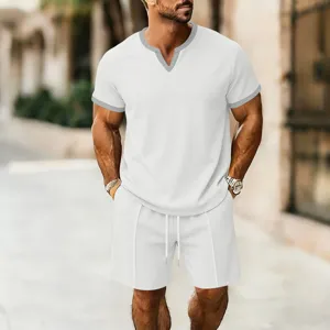 Men casual waffle sports set with V-neck short sleeve t-shirt and loose breathable shorts.
