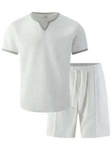 Men casual waffle knit two piece set detail featuring breathable V-neck tee and matching shorts.