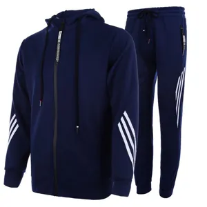Men tracksuit hooded zip sweatshirt casual sportswear pants set with triple stripes design.