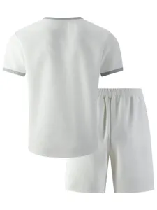 Men's casual waffle knit short sleeve t-shirt and shorts sportswear set in white.