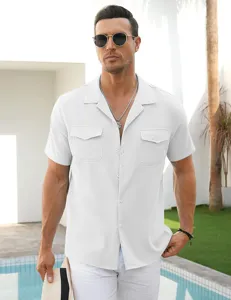 Men's short sleeve linen shirt in crisp white, casual button up summer top with double pockets.