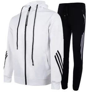 Men's casual sportswear tracksuit featuring white zip hoodie and black pants with stripe details.